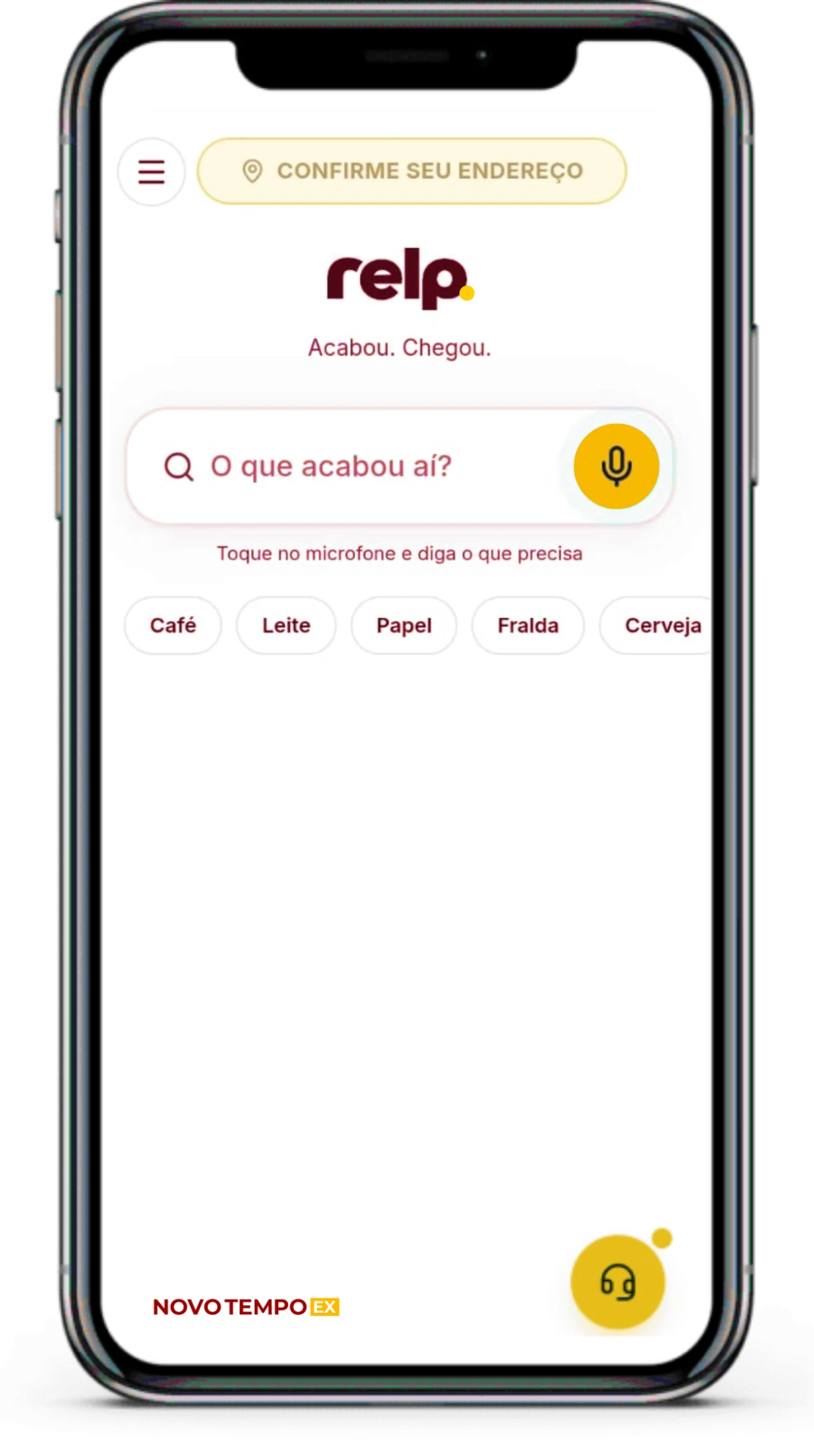 Smartphone com o aplicativo Relp, da Rede Novo Tempo: confirmação de endereço, busca por voz e atalhos de compra.